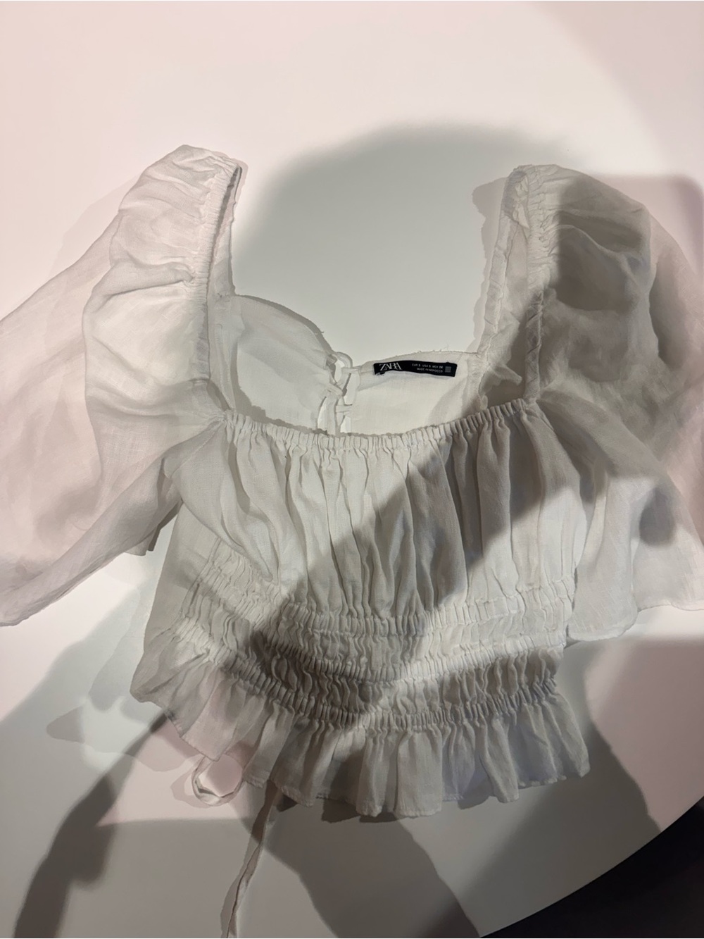 Zara White Ruffled Smocked Puff-Sleeve Top